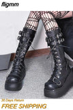 fligmm Women Goth Platform Mid Calf Boots Wedges Heeled Cospaly Autumn Combat Boots Design Luxury Motorcycle Boots Shoes