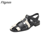 Fligmm Women PU Leather Gladiator Shoes Low Heel Summer Sandals Thick Heels Buckle Narrow Band Ladies Footwear 2023 Beige Black