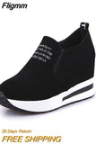 Fligmm Flock Increasing Shoes High Heels Lady Casual black Women Sneakers Leisure Platform Shoes Slip-On Breathable Height Sneakers