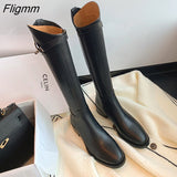 Fligmm Genuine Leather Riding Boots Thick Med Heel Zipper Ladies Boots Round Toe Knee High Boots Autumn Winter Brown Gray 33-42