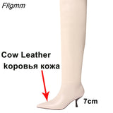 Fligmm Pleated Genuine Leather High Heel Knee-High Boots Women Shoes Pointed Toe Thin Heels Fashion Long Boots Lady Beige 40