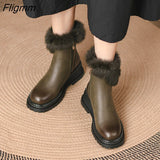 Fligmm Women Genuine Leather Snow Boots Rabbit fur Wedges High Heel Round Toe Ladies Boots Zipper Ankle Boots 2023 Winter Green