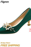 Fligmm Pointed Toe Pumps for Women 2023 New Green Silk Low Heels Shoes Woman Slip on Thin Heeled Lady Shoes Green Party Shoes