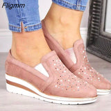 Fligmm Suede wedges shoes for women 2023 Autumn shoes woman Fashion Bling Slip-On Round Toe casual flat shoes comfortable flats