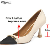 Fligmm Women Shoes Genuine Leather Thick Heels Pumps Pointed Toe Chain High Heel Ladies Footwear Spring Autumn Beige Apricot 40