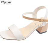 Fligmm Women Sandals Female Square High Heels PU Leather Sandals Open Toe Lady New Summer Shoes Solid Soft Comfort Buckle Strap Sandals