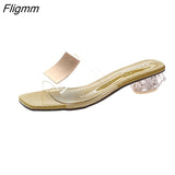 Fligmm Square Buckle High Heels New Summer Shoes Woman Metal Transparent Square Mid Heel Mules Shoes Female Open Slippers Women