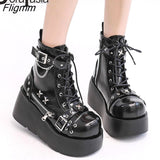 Fligmm New Ladies Goth Platform Ankle Boots Fashion Buckle Zip Rivet Punk Wedges High Heels Womens Boots Party Street Woman Shoes