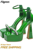 Fligmm Fashion Silver Green Ankle Strap Sandals For Women 2023 Crystal Narrow Band Square Toe Super High Heels Platform Shoes