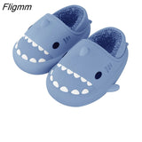 Fligmm Cartoon Shark Cotton Slippers Adults Kids Winter Warm Cute Shoes Parents Waterproof Indoor Outdoor Thick Sole Plush Slides