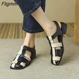 Fligmm Women PU Leather Gladiator Shoes Low Heel Summer Sandals Thick Heels Buckle Narrow Band Ladies Footwear 2023 Beige Black