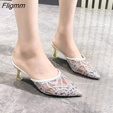 Fligmm High Heels Sandals Women Summer Shoes Women Fashion Pointed Party Sandals Bling Shallow Mules Thick Heel Casual Shoes Women