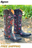 fligmm cowboy heart floral Mid Calf Boots women stacked heeled Women Embroidery Work ridding Western Boots shoes big size 46