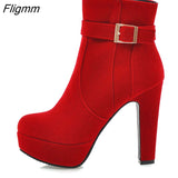 Fligmm Female Boots Women Boots Winter Buckle Super High Heel Ankle Boots Zipper Platform Thick Heel Short Shoes Lady Red 33-43