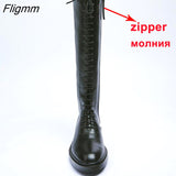 Fligmm INS ZA Genuine Leather Motorcycle Boots Women Zipper Flat Knee High Boots Ladies Lace Up Leather Shoes Autumn Winter 41