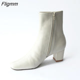 Fligmm Real Leather High Heel Ankle Boots Women Square Toe Zipper Short Boots Shoes Thick Heels Warm Female Boots Winter Beige