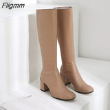 Fligmm Winter Knee High Boots Women Natural Genuine Leather Thick High Heel Long Boots Zip Round Toe Shoes Ladies Fall Size 39