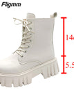 Fligmm Chunky Platform Women's Ankle Boots 2023 New Lace-Up Pu Leather Ladies Shoes Autumn Winter Thick Sole Motorcycle Booties