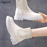 Fligmm Boots Woman Slip-On Shoes Woman Fashion Knitted Elastic Round Toe Short Boots Platform Square Heels Leather Boots Women