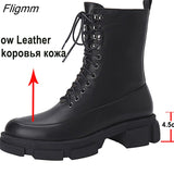 Fligmm Women Genuine Leather Ankle Wool Fur Snow Boots Round Toe Thick Mid Heel Lady Lace-up Short Boot Autumn Winter Shoes 43