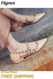 Fligmm Strap Cut Out Studded Rockstud Patent Leather Rivet Flats T-Strap Buckle Walking Soft Women Shoes Fashion Party Size 35-43