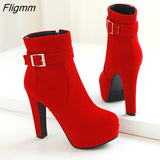 Fligmm Female Boots Women Boots Winter Buckle Super High Heel Ankle Boots Zipper Platform Thick Heel Short Shoes Lady Red 33-43