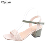 Fligmm Women Sandals Female Square High Heels PU Leather Sandals Open Toe Lady New Summer Shoes Solid Soft Comfort Buckle Strap Sandals