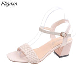 Fligmm Women Sandals Female Square High Heels PU Leather Sandals Open Toe Lady New Summer Shoes Solid Soft Comfort Buckle Strap Sandals