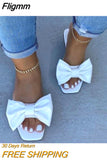 Fligmm Summer Plus Size One-line Solid Color Bow Flat Sandals Outdoor Beach Slippers Elegant Women Shoes 2023