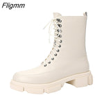 Fligmm Women Genuine Leather Ankle Wool Fur Snow Boots Round Toe Thick Mid Heel Lady Lace-up Short Boot Autumn Winter Shoes 43