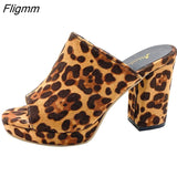 Fligmm Leopard Women Slippers Square High Heels Black Pink Concise Top Quality Casual Women Mules Shoes Women Peep Party Slides