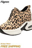 Fligmm Heel Casual Platform Shoes Woman Sneakers Suede Slip on Shoes Women Height Increasing Flock Leopard Print Wedges Shoes