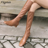 Fligmm Women Riding Boots Shoes Genuine Leather Low Heel Long Boots Zip Square Toe Thick Heels Long Boots Female Autumn Winter