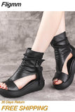 Fligmm Women Summer Sandals Mid Heels Wedges Shoes Ladies Vintage PU Leather Plus Size Sandalias Mujer Sapato Feminino 2023