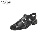 Fligmm Women PU Leather Gladiator Shoes Low Heel Summer Sandals Thick Heels Buckle Narrow Band Ladies Footwear 2023 Beige Black