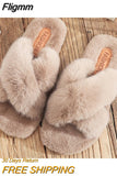 Fligmm Fluffy Slippers Women Fashion Cozy Faux Fur Cross Indoor Floor Slides Flat Soft Furry Ladies Female Celebrities Flip Flops