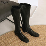 Fligmm Women Riding Boots Shoes Genuine Leather Low Heel Long Boots Zip Square Toe Thick Heels Long Boots Female Autumn Winter