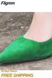 Fligmm Women Genuine Leather Slingbacks Pointed Toe Block Mid Heels Pumps Buckle Ladies Fashion Spring Autumn Shoes Green 42