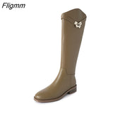 Fligmm Genuine Leather Riding Boots Thick Med Heel Zipper Ladies Boots Round Toe Knee High Boots Autumn Winter Brown Gray 33-42