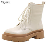 Fligmm Women Shoes Genuine Leather Motorcycle Boots Thick Med Heel Boots Round Toe Zipper Lady Footwear Autumn Winter 40 Beige