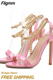 Fligmm Quality Pink Patent Leather Summer Women's Shoes Sandals Fashion Open Toe Metal Chain Ankle Strap Sexy Stiletto Heels Ladie