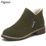 Fligmm Fashion Boots Women Autumn Winter Boots Flock Classic Zipper Snow Ankle Boots Winter Suede Warm Fur Plush Retro Women Shoes