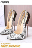 Fligmm Snake Pattern Women Patchwork 16cm Extremely High Heels Plus Size 35-46 Pointed Toe Metal Stilettos Crossdressing Shoes