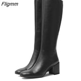 Fligmm Winter Knee High Boots Women Natural Genuine Leather Thick High Heel Long Boots Zip Round Toe Shoes Ladies Fall Size 39