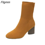 Fligmm Boots Spring Autumn Shoes Woman Casual Solid Color Slip-On Ankle Boots Fashion Round Toe Party Shoes Square Heel High Heels