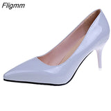 Fligmm Women Pumps Black High heels 8cm Lady Patent leather Shallow Thin Heels Autumn Pointed Single Shoes Slip-On Female Shoes