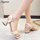 Fligmm Women Sandals Female Square High Heels PU Leather Sandals Open Toe Lady New Summer Shoes Solid Soft Comfort Buckle Strap Sandals