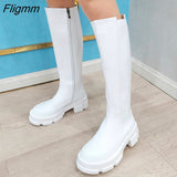 Fligmm Brand Design Women Genuine Leather Boots Knee High Boots Platform Thick Heel Riding Boots Zipper Autumn Winter White 42