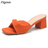 Fligmm Designer Slippers Women Mules Shoes Fashion Lychee Pattern Open Toe Slides Ladies Brand Square Heel Mules Female Slippers