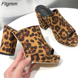 Fligmm Leopard Women Slippers Square High Heels Black Pink Concise Top Quality Casual Women Mules Shoes Women Peep Party Slides